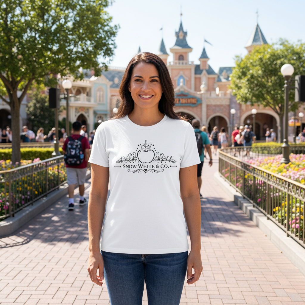 Photorealistic Snow White shirt lifestyle image at a theme park