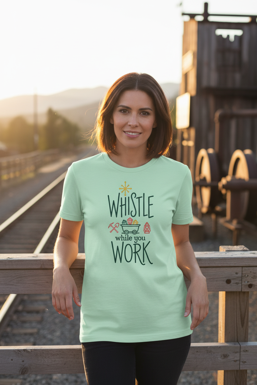 Woman wearing a mint mine-train-inspired graphic tee beside railway tracks at golden hour