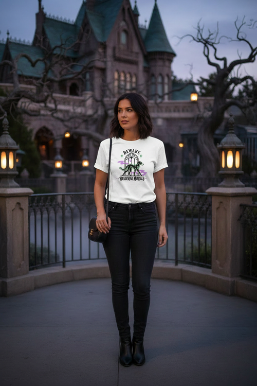 Woman wearing the Bones shirt with a smaller chest print near the Haunted Mansion