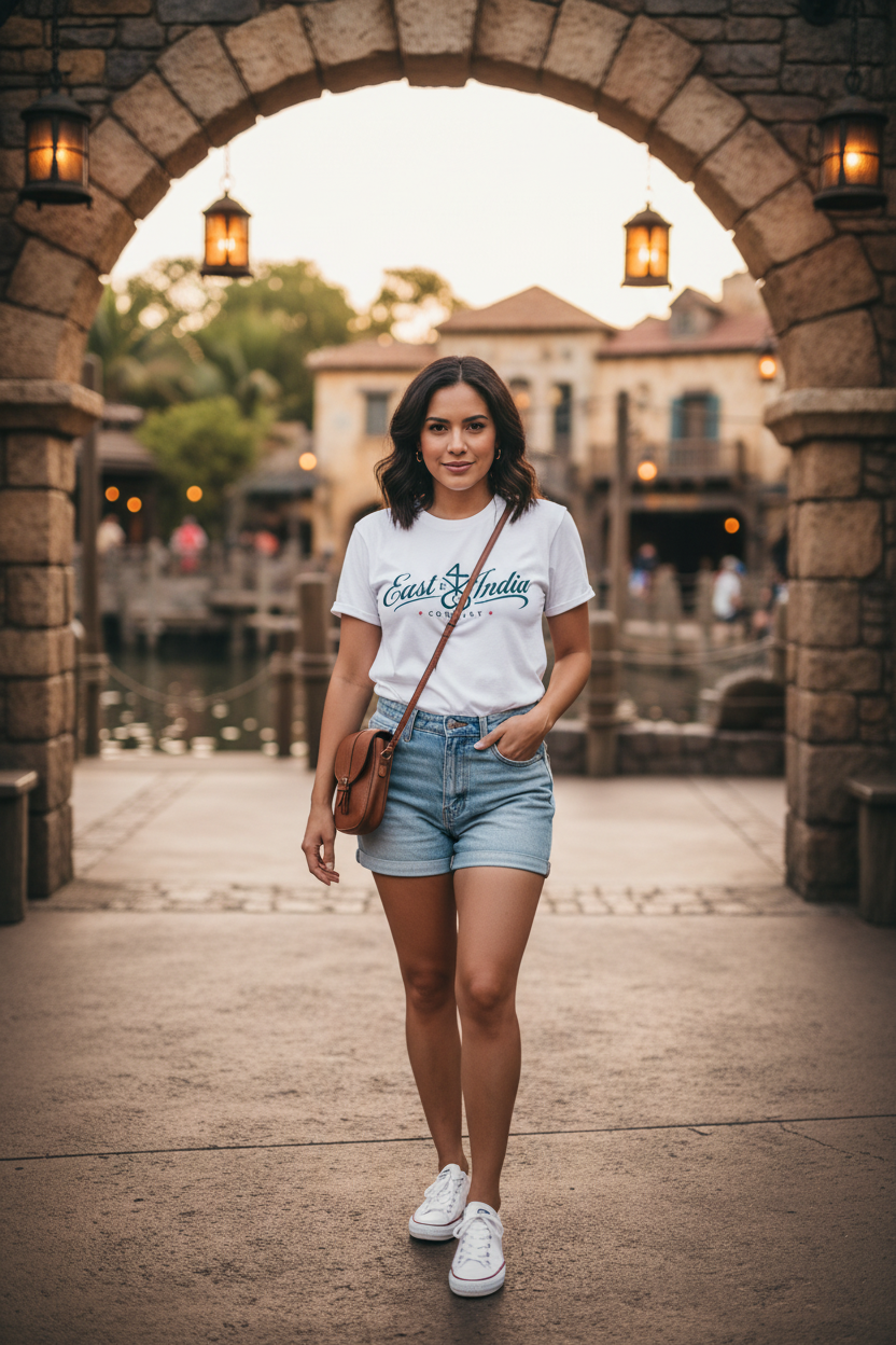 Woman wearing the pirate-themed shirt near the Pirates of the Caribbean ride