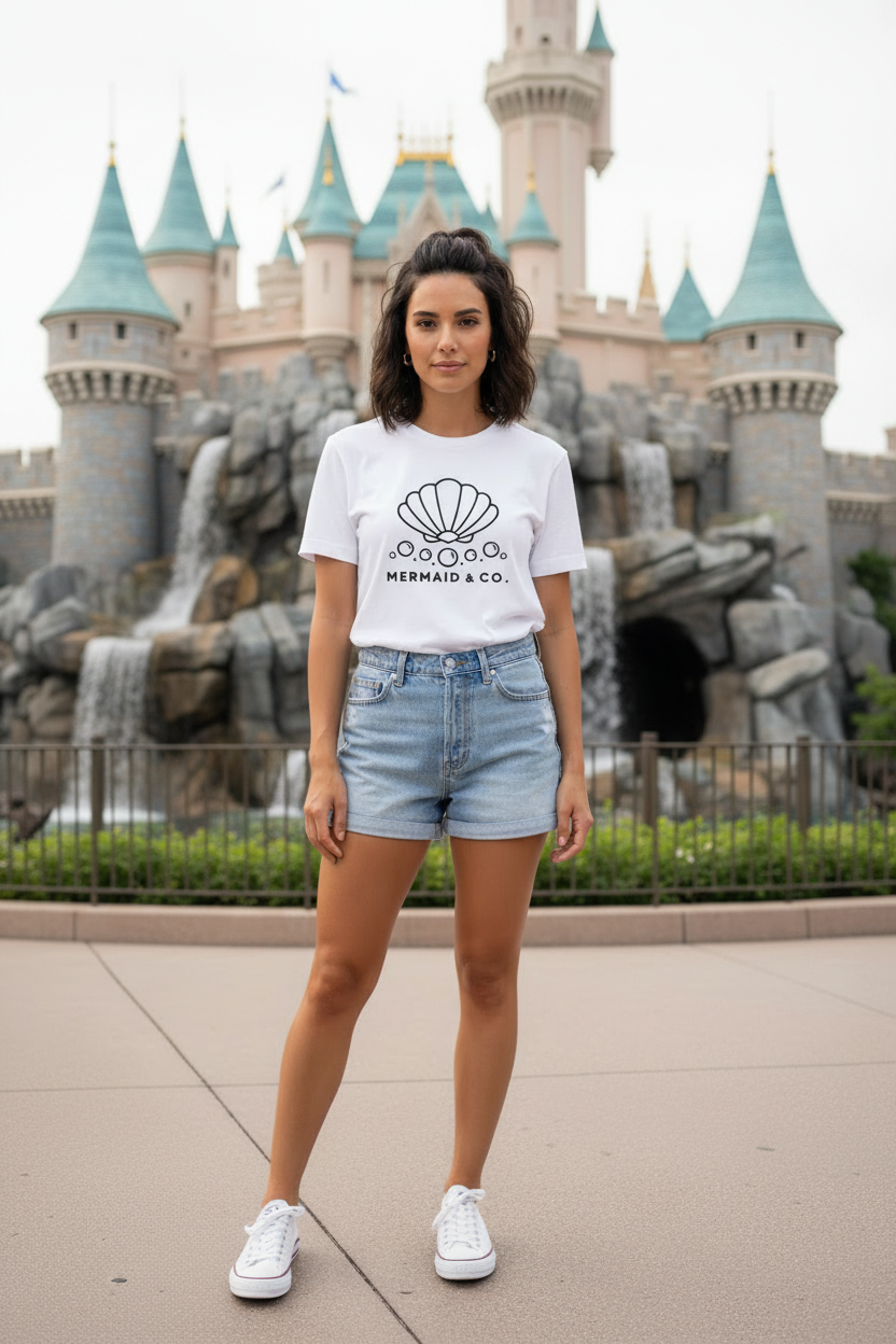 Woman wearing the shirt at a more accurate Little Mermaid ride setting