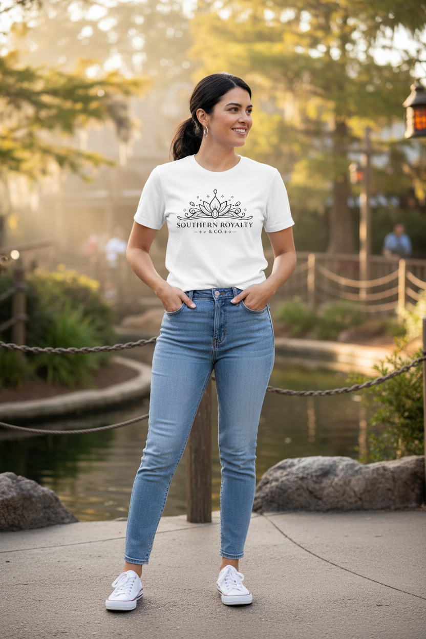 Woman wearing the shirt near Tiana’s Bayou Adventure